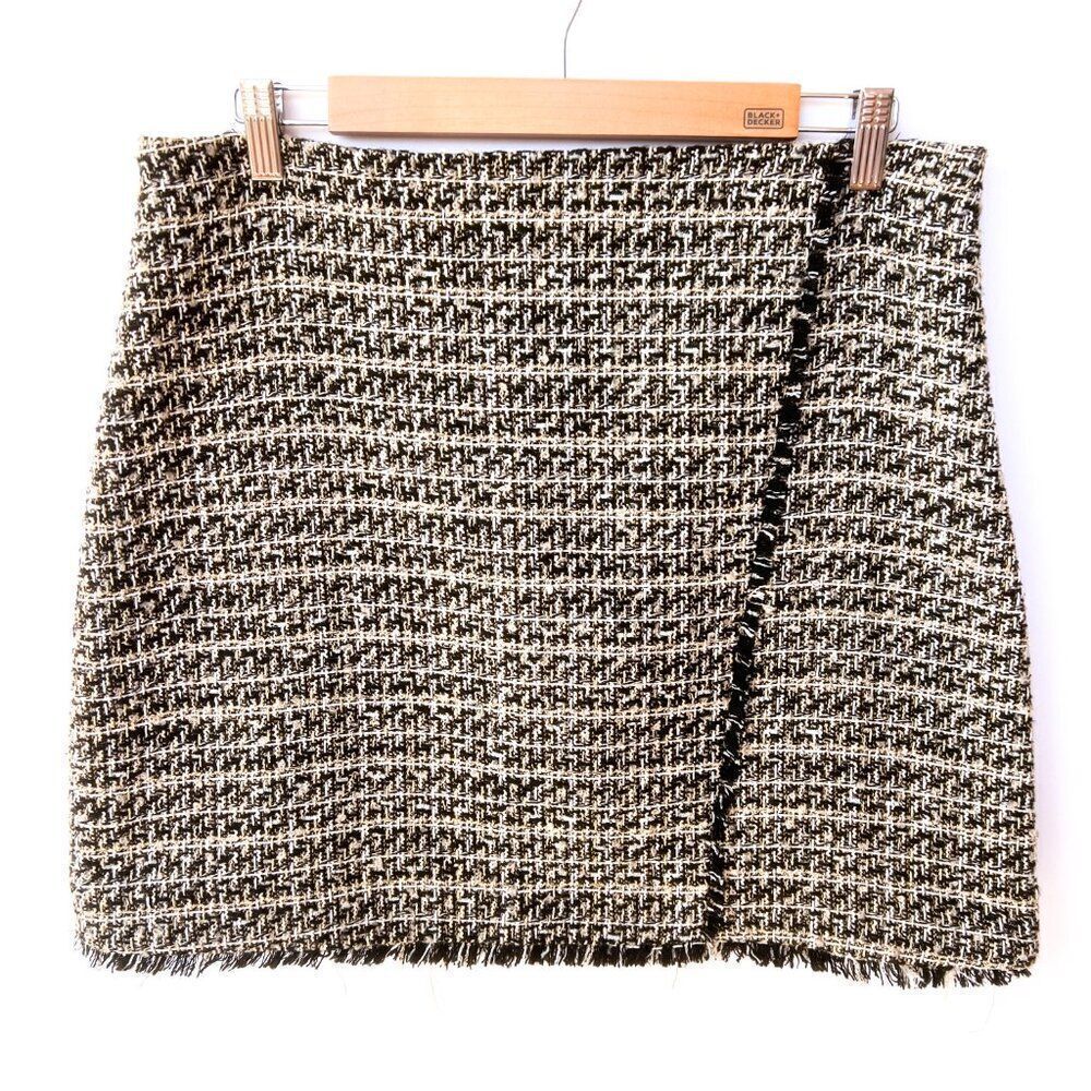 NWT Express Black Gold White Tweed Fringe Skirt 14